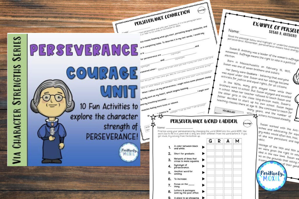 Perseverance activities for students to read, write, solve puzzles, and learn ways to perseverance.